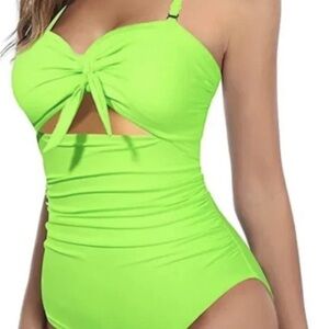Vibrant Green One Piece Swimsuit with Halter Neck and Ruched Texture